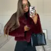 Vintage Red Faux Fox Fur Short Coat For Women Elegant Solid Lapel Long Sleeve Loose Jacket Winter Plush Warm High Street Outwear