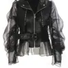 [EAM] Loose Fit Black Pu Leather Mesh Elegant Jacket New Lapel Long Sleeve Women Coat Fashion Tide Spring Autumn 2025