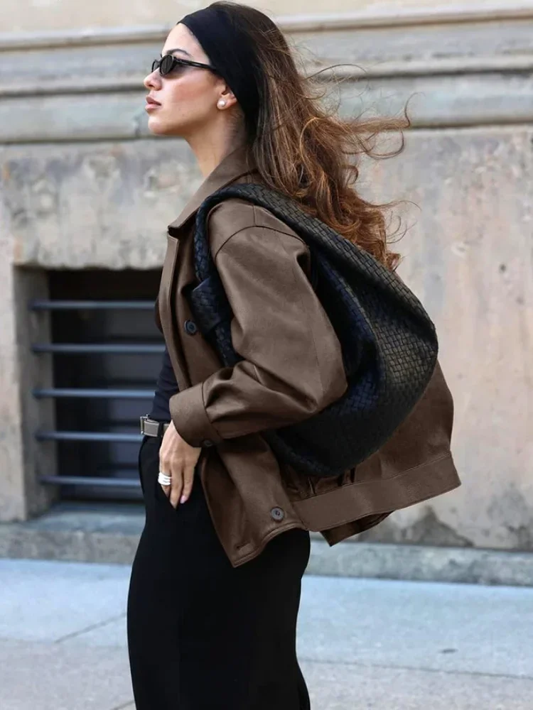 Vintage Double-breasted Solid Color Womens Leather Jackets Long Sleeve Casual Lapel Collar Autumn Winter Office Street Outerwear - Image 3