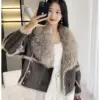 2024 Spring and Autumn Short Fur Women's Sheepskin Jacket, Tanned Suede Fabric, 100% Natural Rabbit Fur Lining, Luxurious And Fa