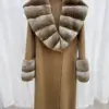 Winter Real Fur Coat Jacket Women Natural Rex Rabbit Fur Collar Long Cashmere Wool Woolen Ladies Luxury Thick Female Outerwear