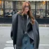 Causal Fashion Striped Scarf Collar Short Jacket Women Wool Blend Single Breasted Crop Coat 2024 New Autumn Street Warm Outwear