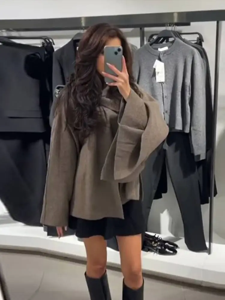 Women Fashion Cape Collar Woolen Coat With Scarf Elegant Solid Oversized Long Sleeve Jackets 2024 Lady Commute Streetwear Autumn