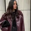 Elegant Burgundy Faux Leather Jackets Women Fashion Lapel Zipper Long Sleeve Female Coats 2024 Autumn Winter Lady Street Outwear
