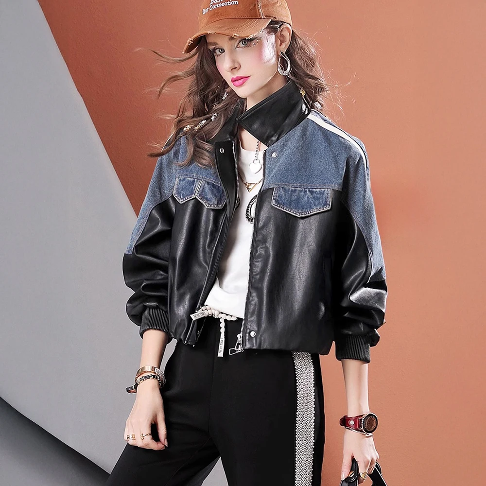 Autumn PU leather patchwork short loose long-sleeved women's denim jacket