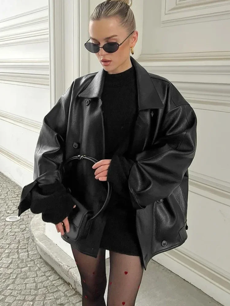 Vintage Double-breasted Solid Color Womens Leather Jackets Long Sleeve Casual Lapel Collar Autumn Winter Office Street Outerwear - Image 6