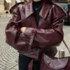 [EWQ] American Vintage Long Sleeve Short PU Leather Jacket Moto Style Burgundy Women Biker Coats 2024 Autumn New Fashion