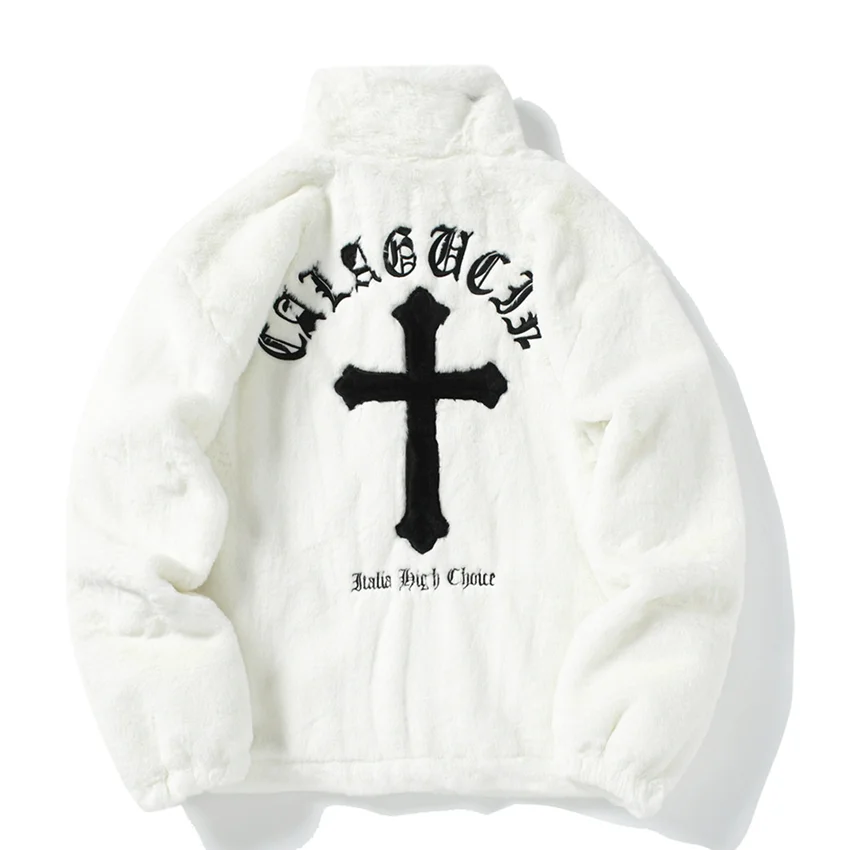 Men's Rabbit Fur Jacket, Hip Hop Coats, Cross Letters, Fleece Streetwear, Casual Harajuku Coat, Zip Up Fashion Outerwear, Winter