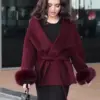 Fashion Burgundy Fur Splicing Belted Woolen Coats Women's Elegant Loose Long Sleeve Crop Jackets 2025 New Lady Chic Streetwear