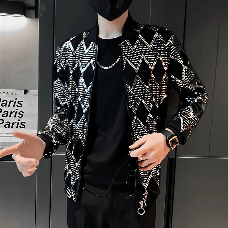 Jas Men's New Diamond Plaid Jackets Men Hip Hop Y2K Bombers Jacket Night Club Stage Streetwear Thin Coat Clothing Veste Homme