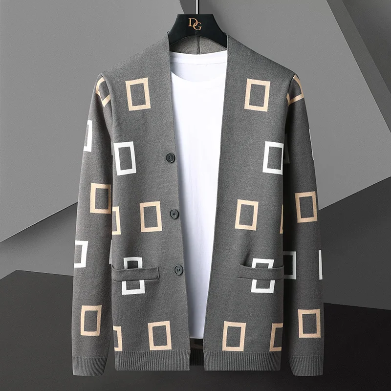 Men Autumn Winter Cashmere Plaid Print Knitted Cardigan Fashion Handsome Long Sleeve Cardigan Jacket Soft Warm Male Sweater Coat