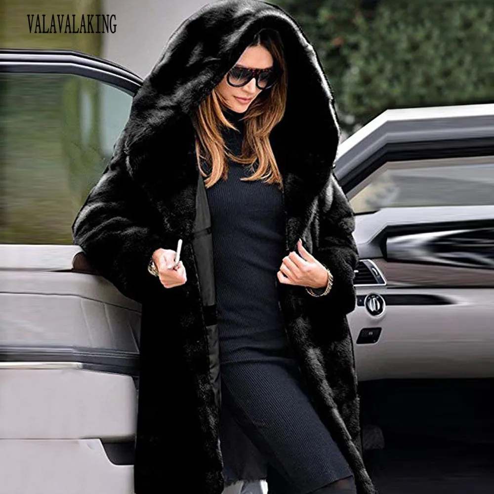 2025 Winter Plus Size Faux Fur Long Coat Women Hooded Long Sleeve Fluffy Jacket Ladies Large Thick Warm Furry Cardigan Outwear