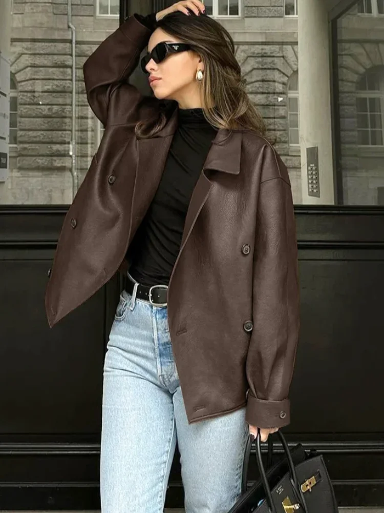 Vintage Double-breasted Solid Color Womens Leather Jackets Long Sleeve Casual Lapel Collar Autumn Winter Office Street Outerwear - Image 4