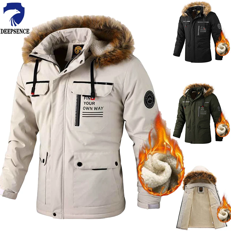 Men's Fleece-lined Thickened Jacket Casual Outdoor Parka Autumn and Winter Warm Windproof Waterproof Jacket Men's Jacket