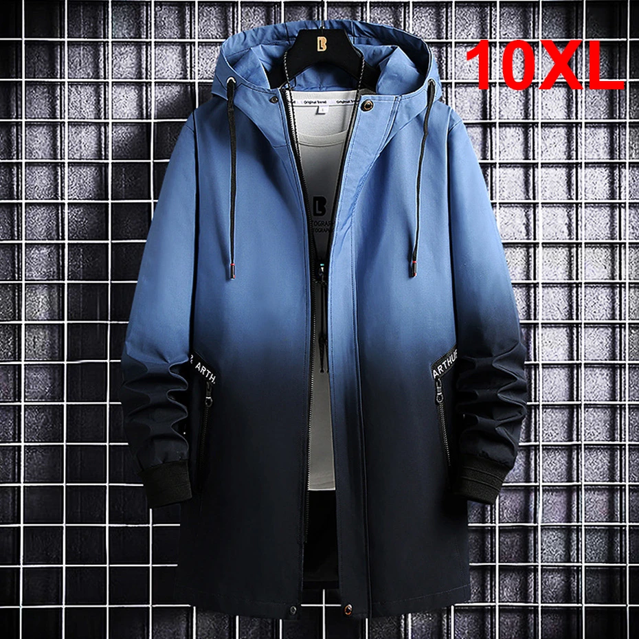 Long Cargo Jacket Men Plus Size 10XL Jackets Gradient Windbreak Spring Autumn Hooded Coat Male Black Windbreak Long Style