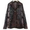 DEAT Women's Blazer Notched Collar Embroidery Sequins Brown Faux Suede Vintage Suit Jackets 2025 New Fashion Spring