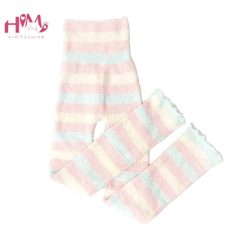Japanese Plush Sleep Wear Pants Women Winter Soft Warm Cute Rainbow Striped Pink Flanne Homewear Knitted Casual Lounge Pajama
