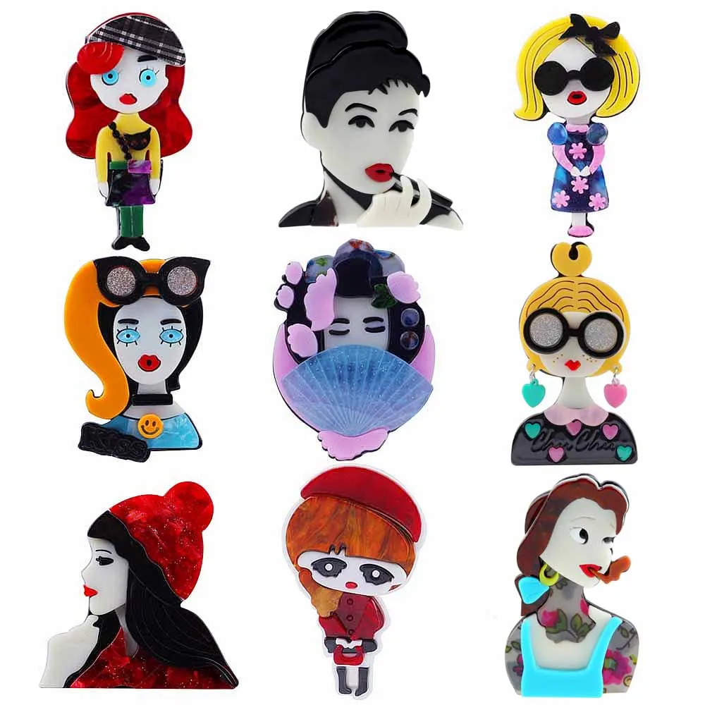 New Fashion Creative Figure Lovely Girls Acrylic Brooches For Women Cartoon Elegant Lapel Pin Brooch Badge Dress Party Jewelry