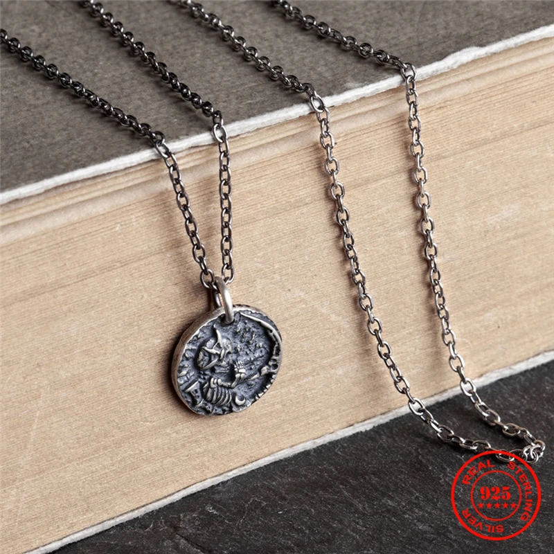 MKENDN Men's Skull Necklace Gothic 925 Sterling Silver Little Devil Coin Pendant Necklace Biker Motorcycle Band Jewellery