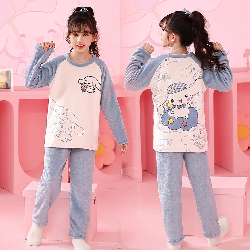 Sanrio Flannel Childrens Pajamas Set Hello Kitty Cinnamoroll Winter Tops Thicken Winter Sleepwear Kid Pants Girl Home Loungewear