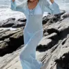 Knitted 3D Flower Women Dress Sexy Hollow Out See Through Backless Beach Long Dresses 2025 Holiday V Neck Slim Female Vestidos