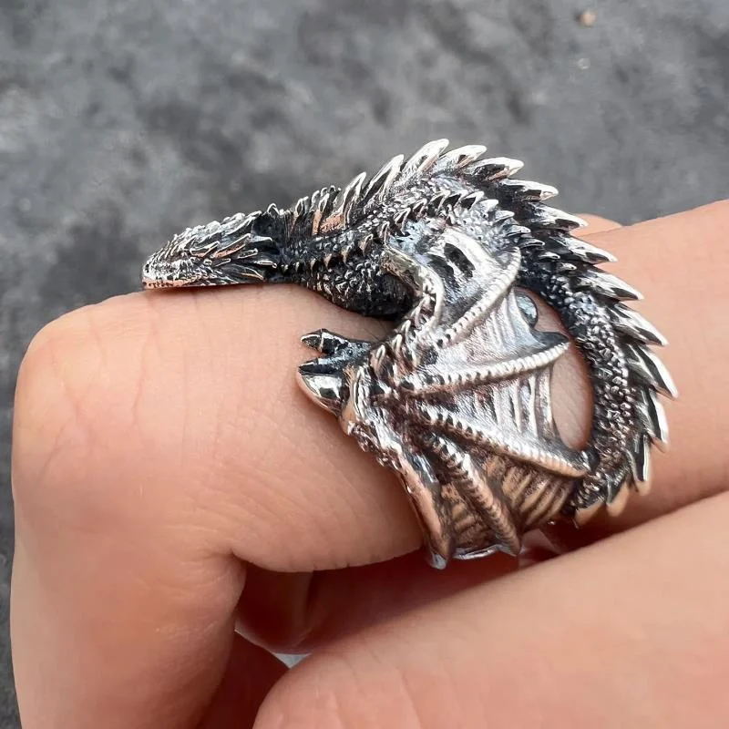 Antique Silver Color Dragon Rings Gothic Punk Men Pterosaur Wings Opening Adjustable Rings Vintage Jewelry Accessories Gifts