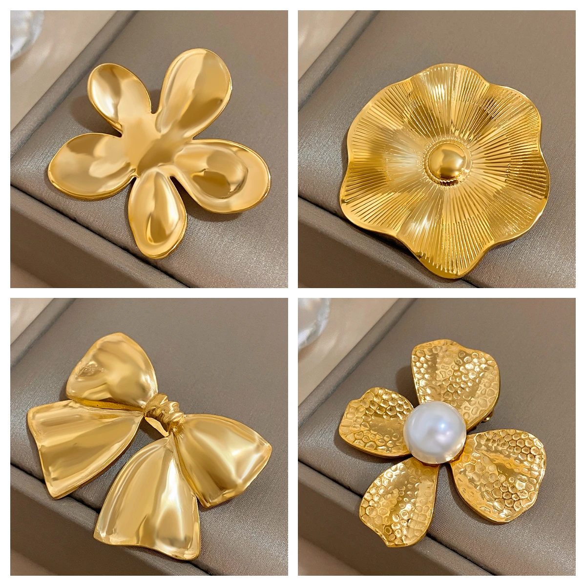 Vintage Gold Color Women's Brooch Stainless Steel Geometric Metal Flower Bow Brooch Suit Decoration Brooch Pin Accessories