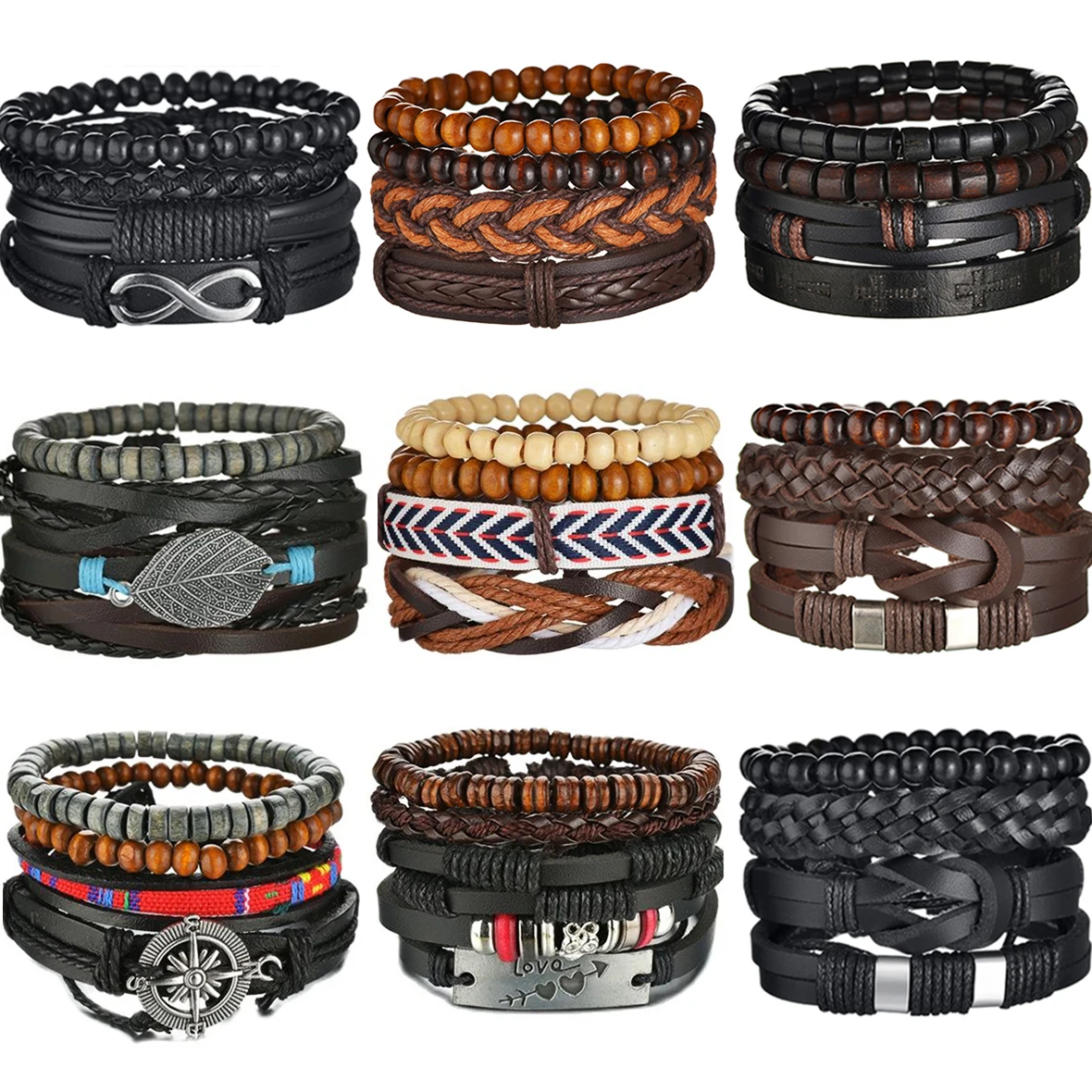 New Trendy Retro 4pcs/Set Bracelets & Bangles Men's Multilayer Black Leather Jewelry Charm Pulseiras Boyfriend Wristband