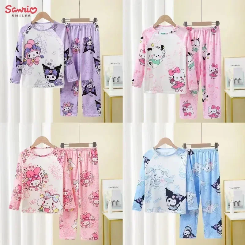 Sanrio Kuromi Pochacco Cinnamoroll Children Pajamas Kawaii Anime My Melody Long Sleeve Sleepwear Korean Fashion Casual Clothing