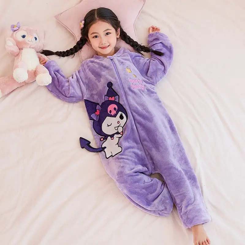 Kuromi Child Siamese Pajamas Girl Autumn Winter Plus Velvet Flannel Kawaii Cartoon Belly Protection Sleeping Bag Coral Fleece
