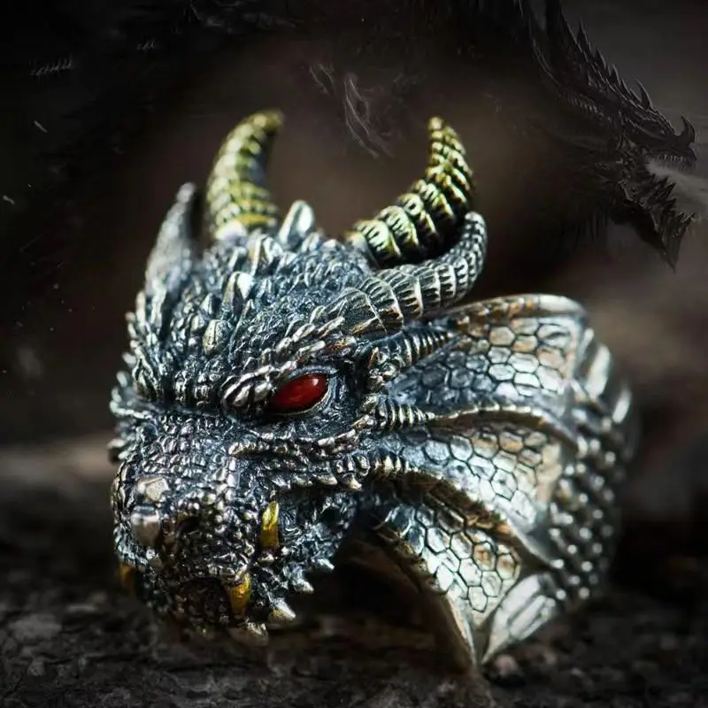 Retro Domineering Ethnic Style Fire-Breathing Dragon Ring Men's Charm Open Ring Punk Motorcycle Rider Jewelry Accessories