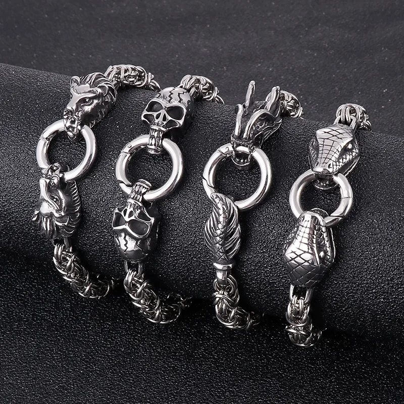 New 316L Stainless Steel Hip Hop Gothic Skull Wolf Head Dragon Bracelet for Men Women Punk Solid Metal Jewelry Gift