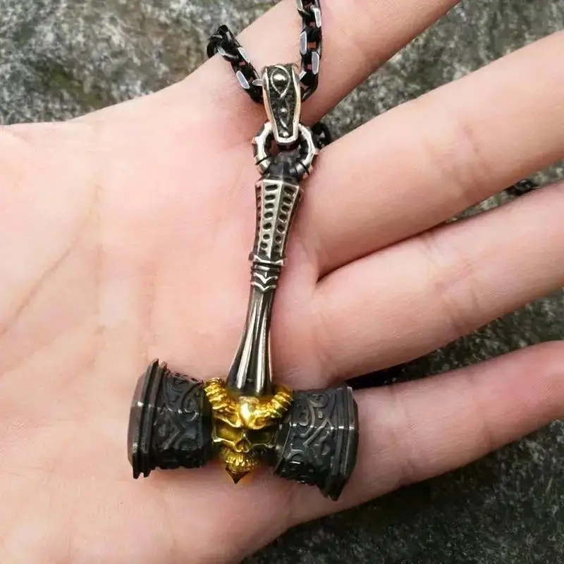 New Exquisite And Fashionable Viking Skull Thor'S Hammer Amulet Pendant Necklace For Men And Women Jewelry Accessories Gifts