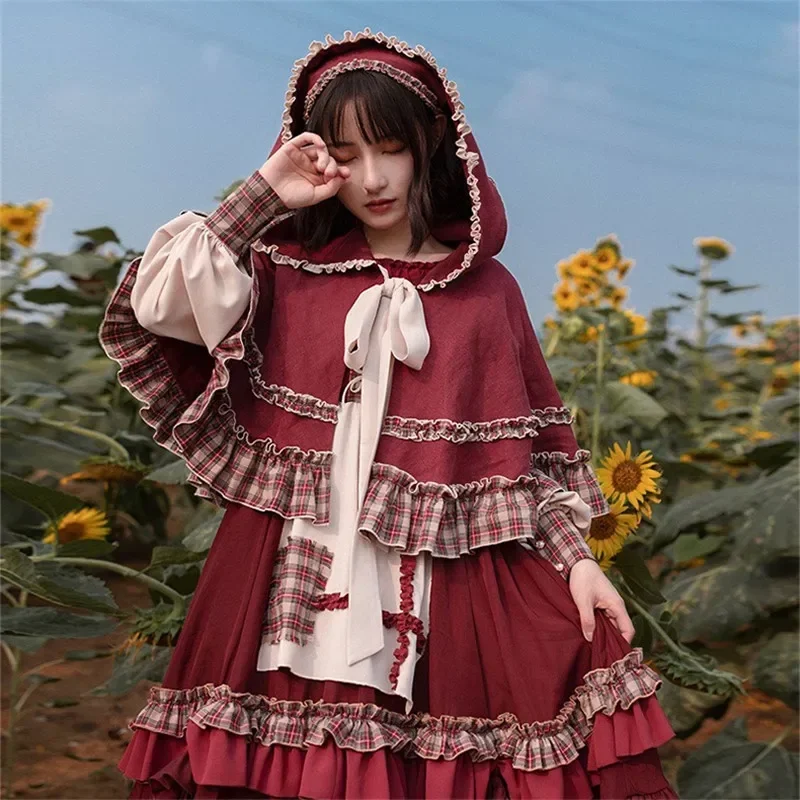 2025 HOT Sweet Girl Lolita Women Dress Vintage Patchwork Red Dress with Cloak Cute Female Bing Cosplay Little Red Riding Hood
