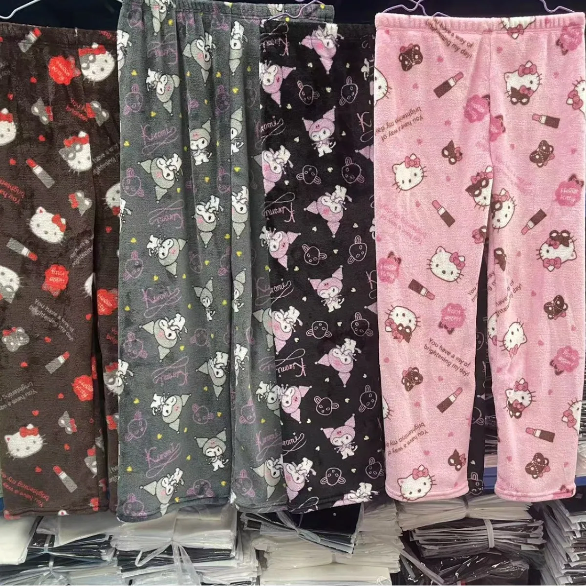 Kawaii Hello Kitty Pajama Pants Sanrio Kuromi Anime Fleece Double Elastic Fabric Soft Trousers Women Trousers Christmas Gift