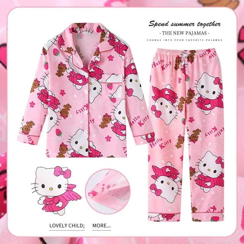 New Sanrio Hello Kitty Girls Kawaii Pajamas Student Set Autumn Cinnamoroll Kuromi Children's Pajamas Set Long Sleeve Anime Home