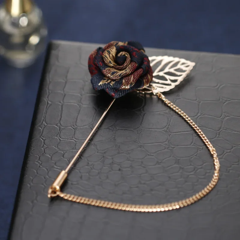 Vintage Mixed Fabric Rose Brooches Tassel Chain Men Suit Collar Brooch Broche Lapel Pin Brooches for Women Jewelry Accessories