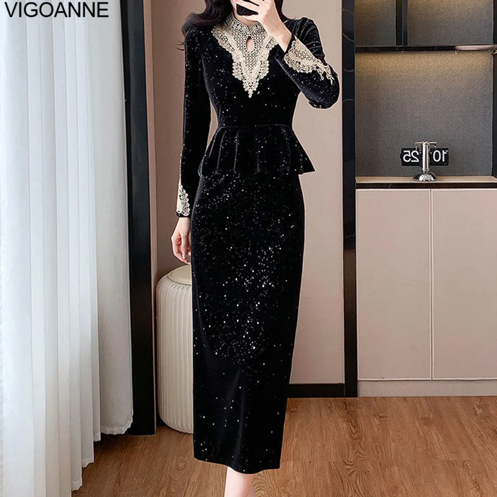 VigoAnne 2025 Woman Korean Long Sleeve Dress Spring Autumn Korean Ruffle Velvet Dress Lady Casual Evening Party Tight Long Dress