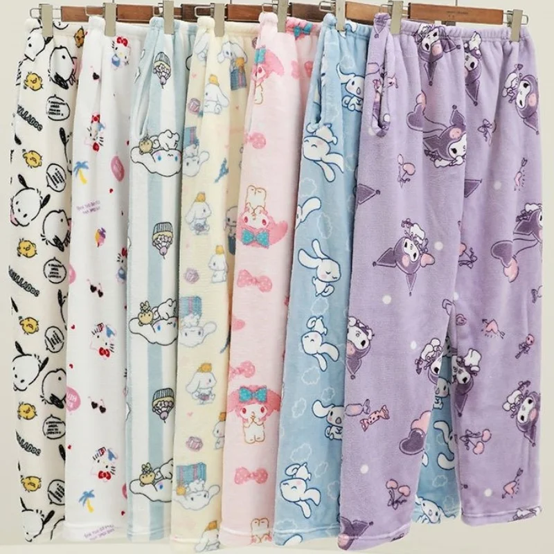 Sanrio Hello Kitty Pajamas Flannel Women Warm Woolen White Cartoon Anime Casual Home Pants Autumn Trousers