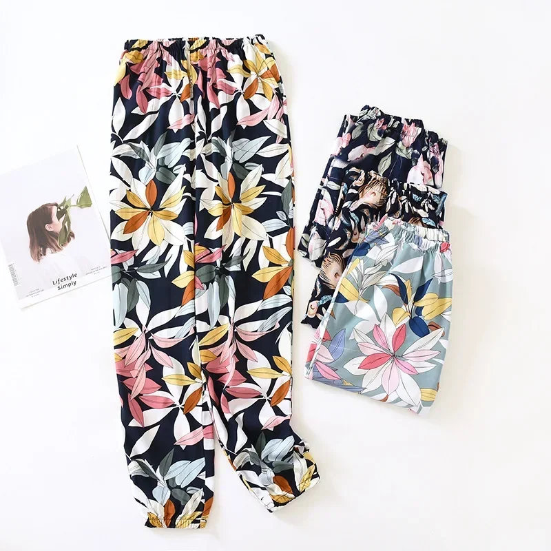 Japanese style cotton trousers ladies spring and summer thin section cotton multicolor pajamas trousers anti-mosquito pants