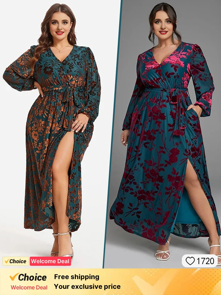 2025 New Fashionable Long Sleeve Dress Green Velvet Printed Dress Sexy Party V-neck Women's Dress Elegant Women's Evening Dress