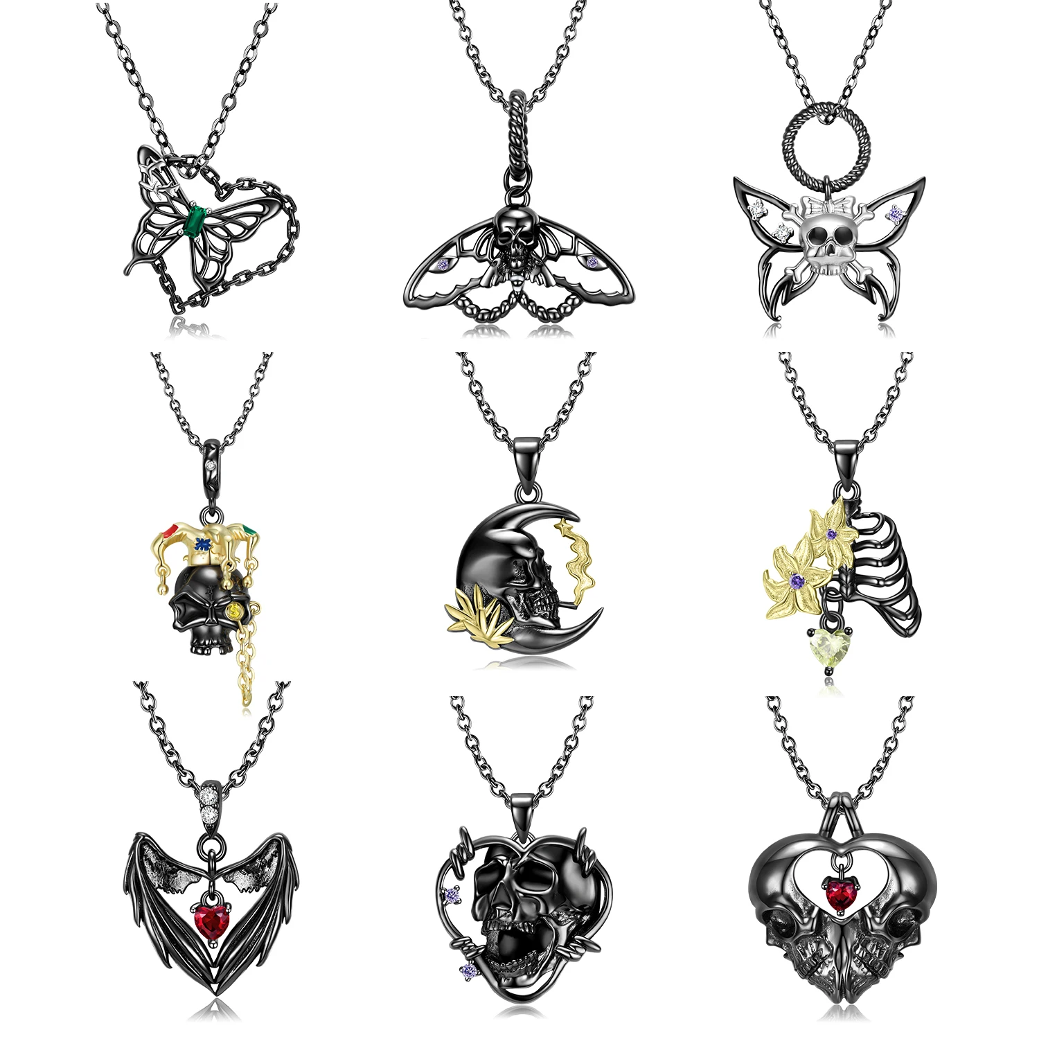 JIUHAO Pendant Necklace 100% 925 Sterling Silver Butterfly Moth Skull Scream Black Wings Chain Necklace for Girl Women Jewelry