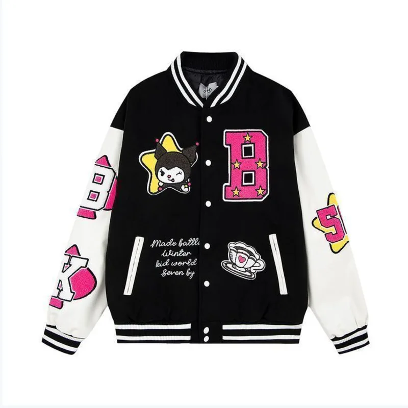 Kuromi Autumn Winter Dopamine Cute Splicing Jacket Women American Hip Hop Loose Trend Baseball Uniform Y2k Cool Girl Casual Top