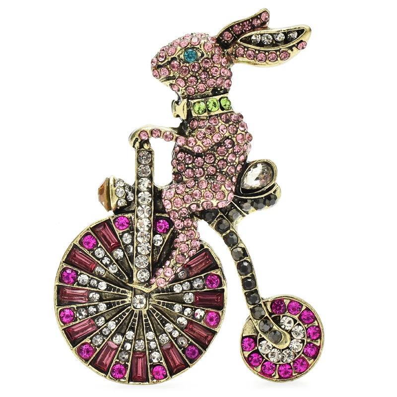 Wuli&baby Riding Bike Rabbit Brooches Women Shinning Rhinestone Lovely Cartoon Bunny Pets Party Office Brooch Pin Gifts