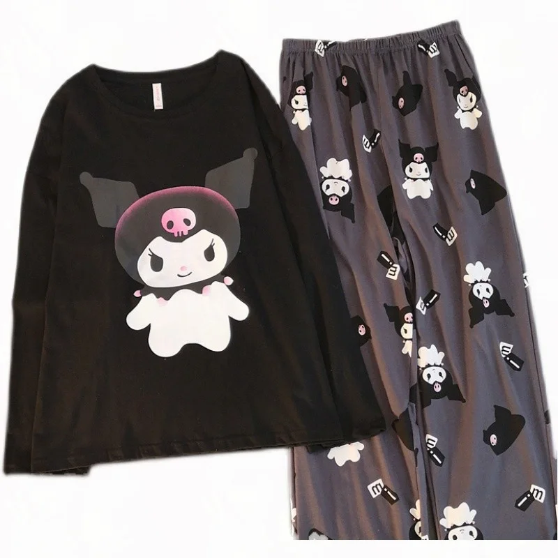 Kawaii Hello Kitty Cosplay Clothes Kuromi Sanrio Korean Autumn Two Piece Pajamas Soft Home Wear Outgoing Girl