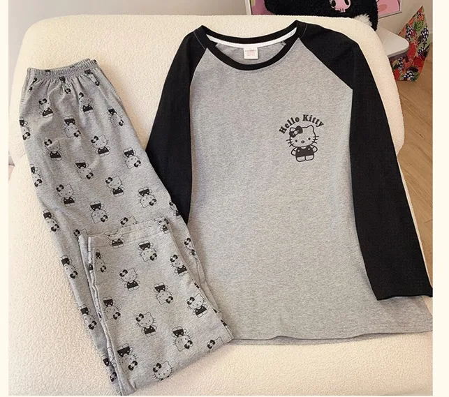Kawaii Hello Kitty Pajamas Sanrio Women Round Neck T-Shirt Long Pants Home Set Cute Y2K Dormitory Casual Fall Wear Girl Gift
