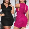 New plus size pink hip hugging women's dress, fashionable V-neck sequin party evening dress, original sexy pleated women's dress
