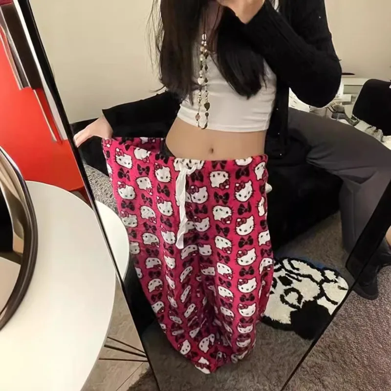 Hello Kitty Y2k Cartoon Printed Wide Leg Pants Girls Anime Sanrio Kawaii Women Casual Loose Spring Autumn Straight Trousers Gift