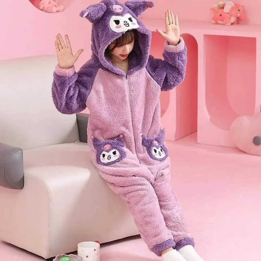 Winter Kawaii Kuromi Melody Kids Plush Jumpsuit Pajamas Anime Sanrio Cartoon Girl Casual Anti-Kick Warm Homewear Cute Nightwear