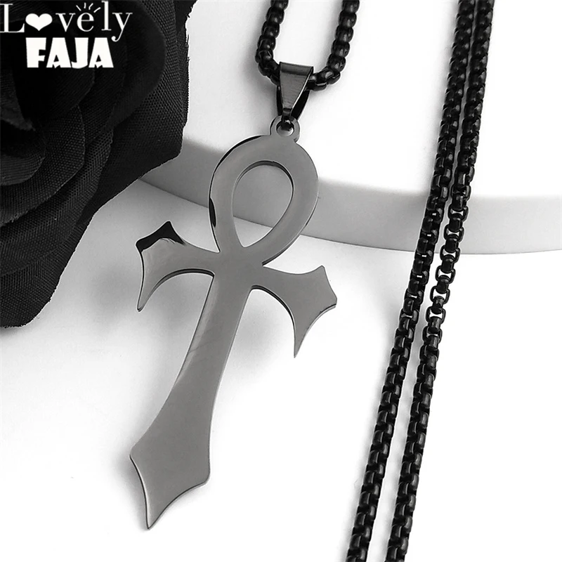 Goth Egyptian Cross Ankh Key of Life Necklace Stainless Steel Black Color Amulet Religious Necklaces Gothic Jewelry Gift
